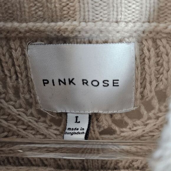 Pink Rose Cropped Crochet Open Pattern Cable Knit Long Sweater Women's Tan/Gray - Picture 4 of 4
